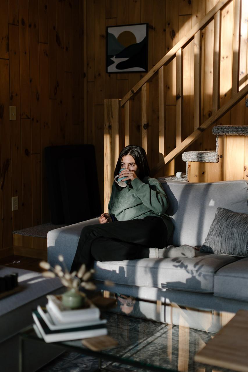 Cozy morning with coffee on the couch